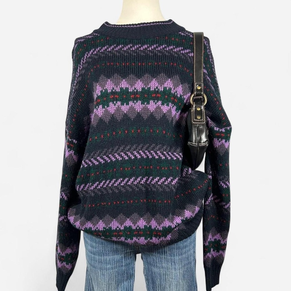 Vintage 80s Wool Blend Geometric Striped Oversized Sweater Womens L XL Retro